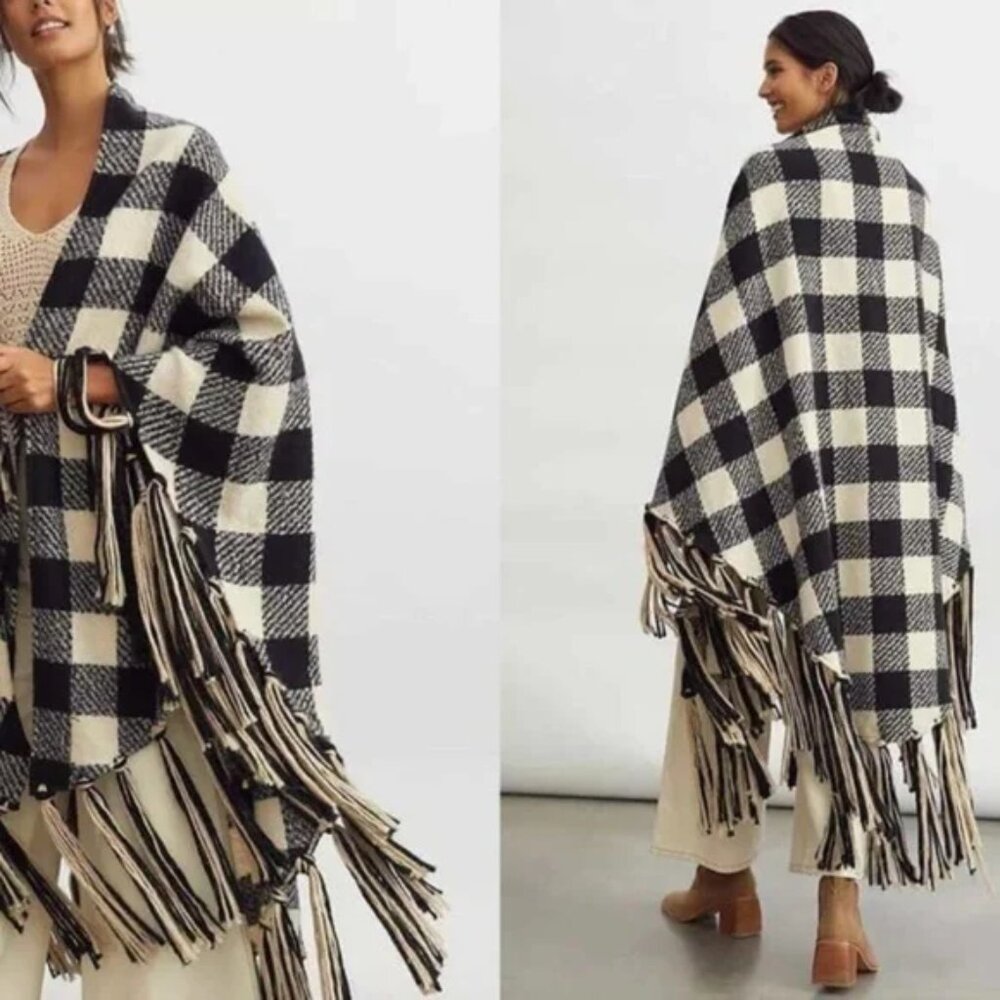 Anthropologie Plaid Fringe Black and White Wrap Poncho